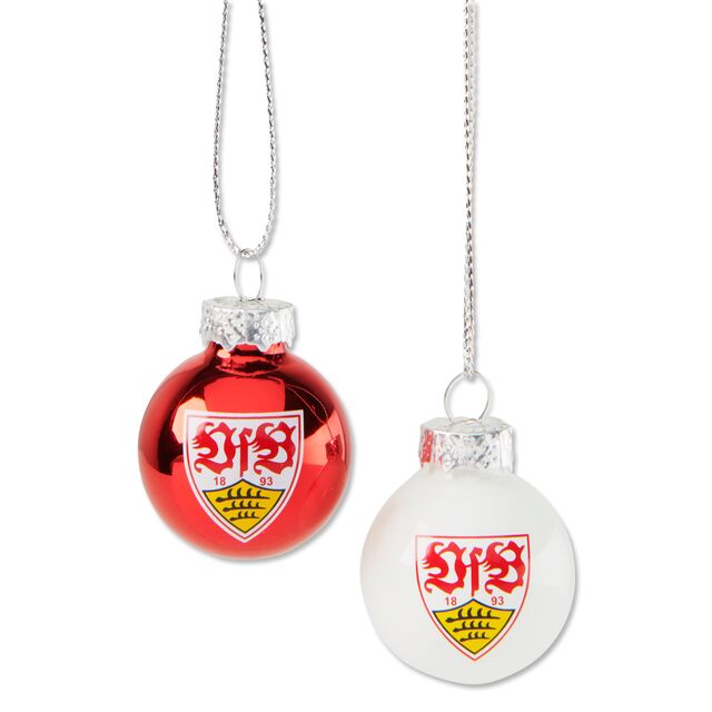 eine rote und eine weiße Christbaumkugel mit VfB Wappen