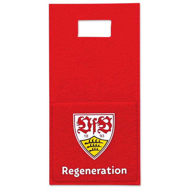rote Smartphone Ladestation aus Filz mit VfB Wappen und der Aufschrift Regeneration