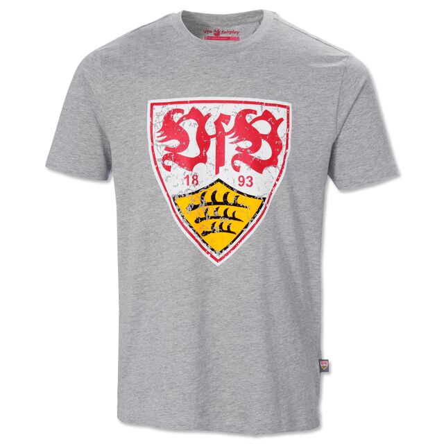 graues T-Shirt mit großem VfB Wappen im Used Look