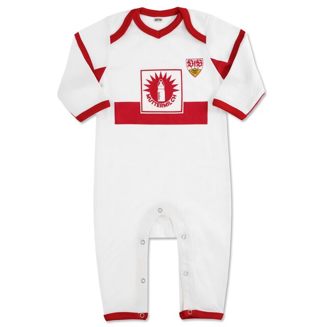 weißer Strampler mit rotem Brustring, Südmilch Wappen mit Aufschrift Muttermilch und VfB Wappen