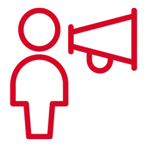 Rotes Symbol einer stilisierten Figur neben einem Megafon. Dargestellt in klarer Linienform auf transparent kariertem Hintergrund.