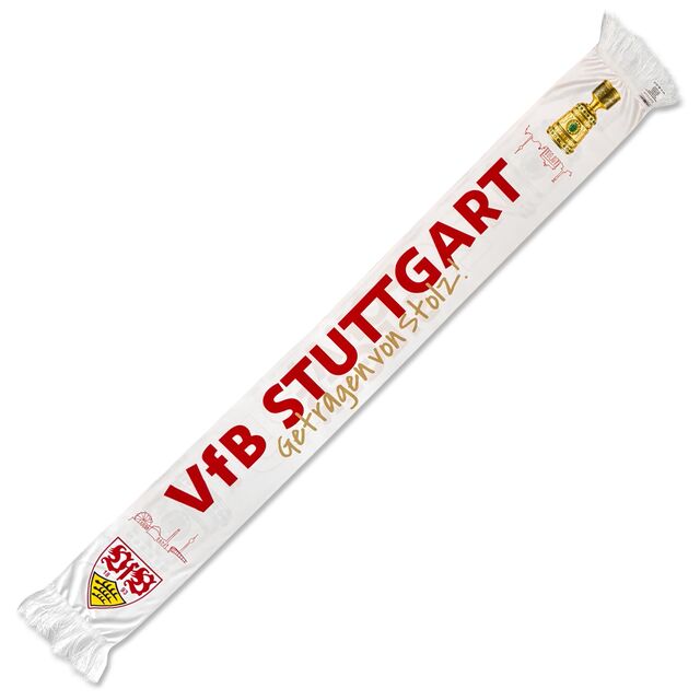 weißer Schal mit der Aufschrift VfB Stuttgart Getragen von Stolz, dem DFB Pokal und dem VfB Wappen