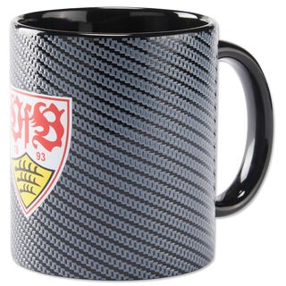 Tasse in Carbon Optik mit VfB Wappen von der Seite