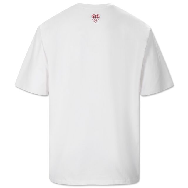 weiße Rückseite des VfB T-Shirts 1893 oversized mit kleinem VfB Wappen am Kragen 