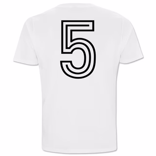 weiße Rückseite des T-Shirts Supercup 2025 mit einer schwarzen 5 als Rückennummer