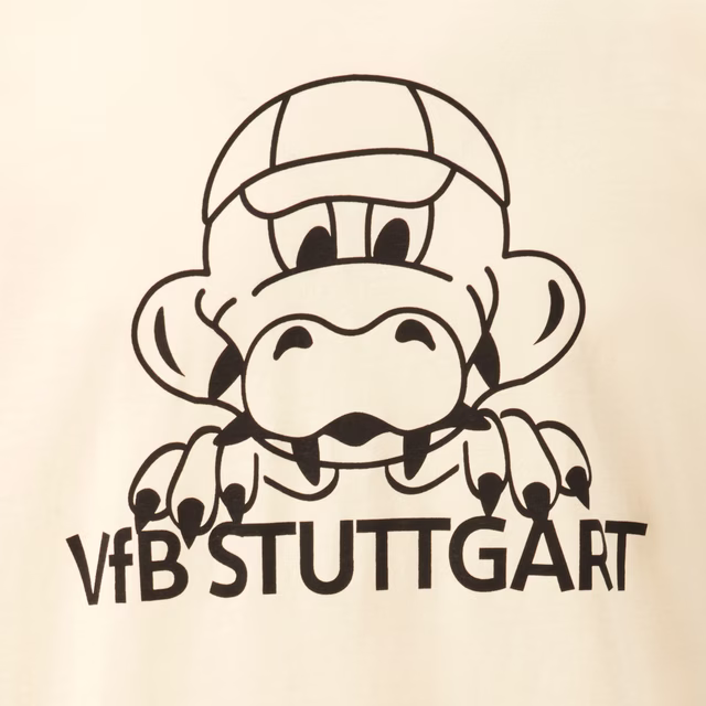 Beiges T-Shirt mit schwarzem Fritzle Print und Schriftzug VfB Stuttgart in der Mitte 