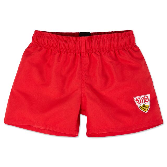 rote Badeshorts mit kleinem VfB Wappen auf dem linken Bein