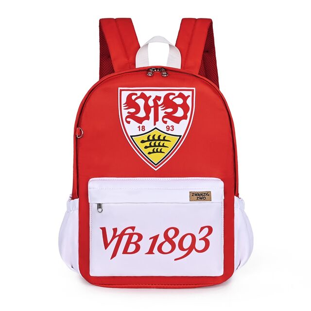Roter Rucksack mit VfB Wappen und roten Taschen mit Schriftzug VfB 1893 