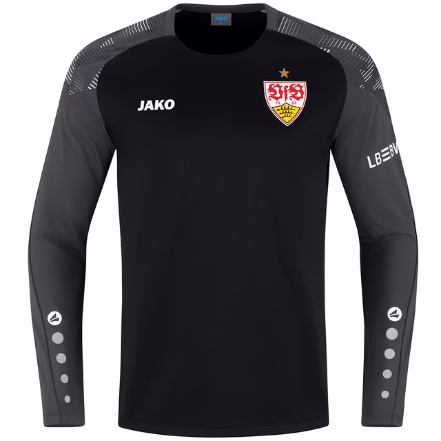 schwarzes Sweatshirt mit VfB Wappen und JAKO Logo auf der Brust