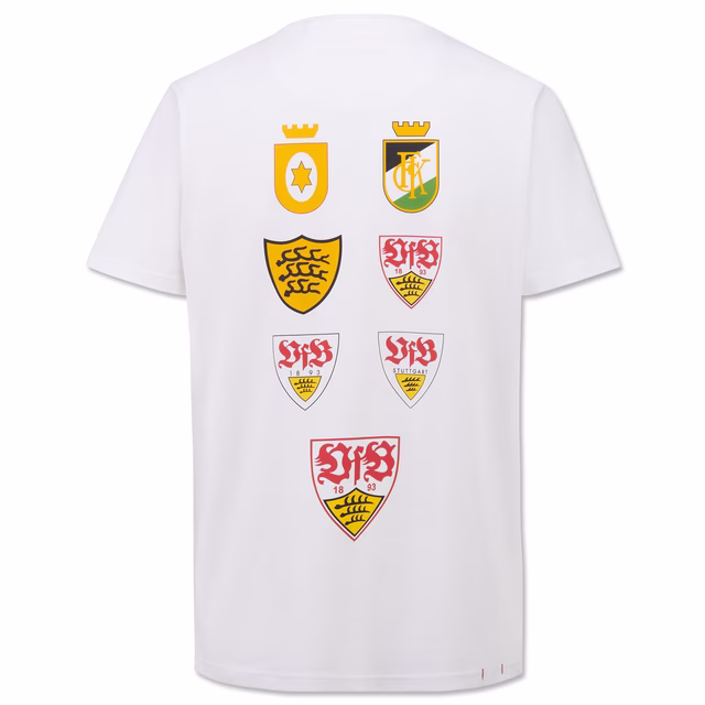 weiße Rückseite des T-Shirts mit den verschiedenen VfB Wappen im Laufe der Zeit