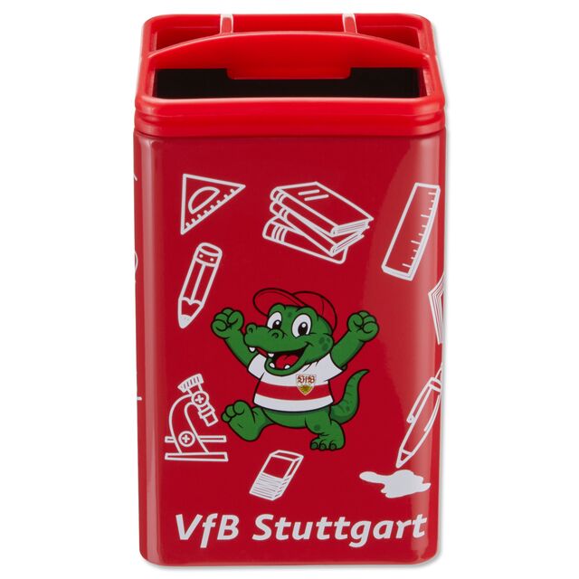 Roter Stifteköcher mit VfB- und Schulmotiven 