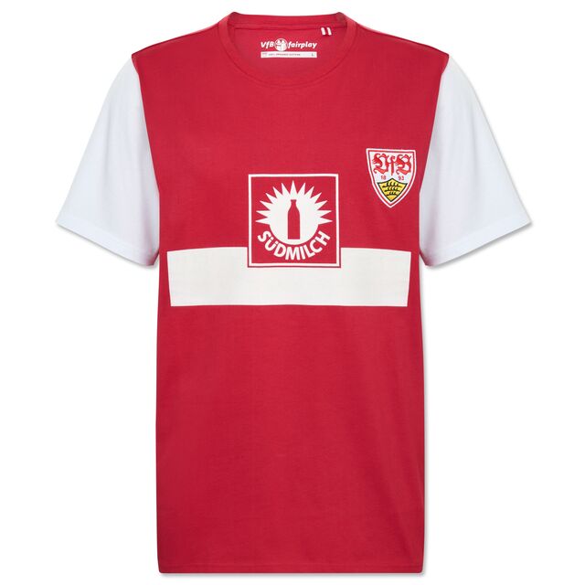 rotes T-Shirt mit weißen Details, Südmilch Logo und VfB Wappen auf der Brust