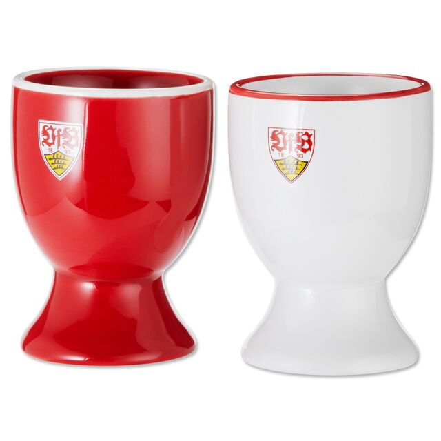 roter und weißer Eierbecher mit VfB Wappen