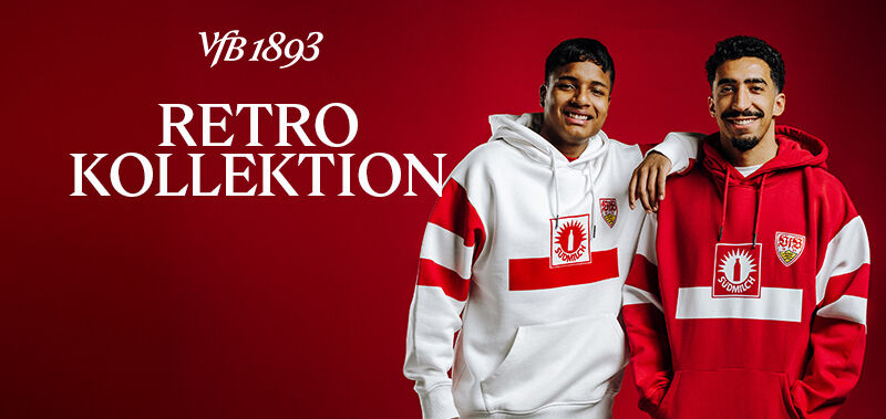 Jeremy Arévalo und Tiago Tomás tragen Hoodies der VfB Retro Kollektion