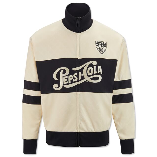 Beige Jacke mit schwarzen Akzenten, Schriftzug Pepsi Cola in der Mitte und schwarzem VfB Wappen auf der Brust 
