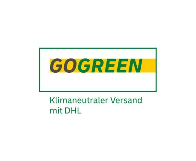 Logo mit grün-gelbem Schriftzug ‚GoGreen‘. Darunter der Text ‚Klimaneutraler Versand mit DHL