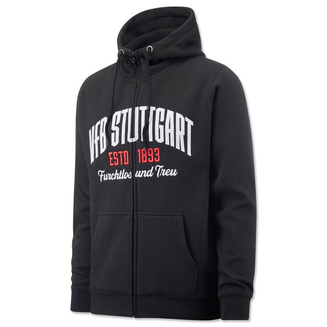 schwarze Hoodiejacke mit Kängurutaschen und der Aufschrift VfB Stuttgart ESTD 1893 und furchtlos und treu
