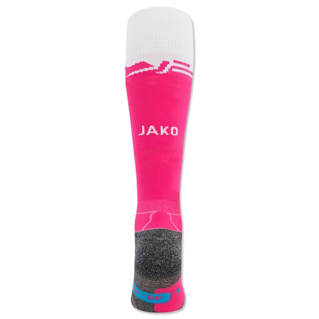 Rückseite der VfB Torwartstutzen 25/26 in Pink und Weiß mit JAKO Schriftzug