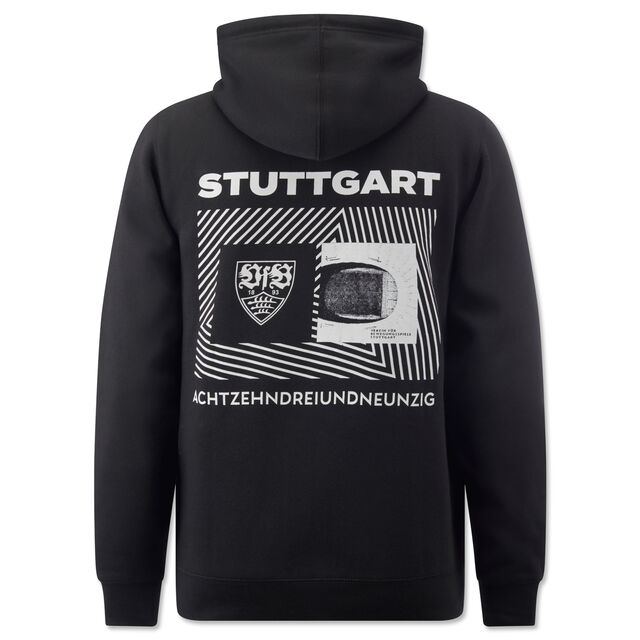 Rückseite des schwarzen Hoodies mit VfB Wappen und Grafik des Stadions auf dem Rücken sowie der Aufschrift Stuttgart Achtzehnhundertdreiundneunzig