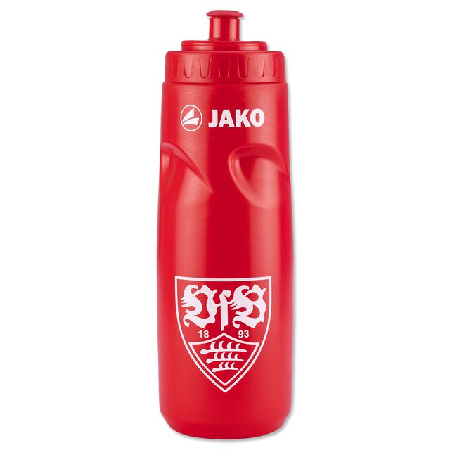 rote Trinkflasche mit weißem VfB Wappen und JAKO Logo