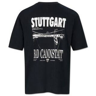 schwarze Rückseite des T-Shirts mit Stuttgart und Bad Cannstatt Schriftzug und Bild des Stadions 