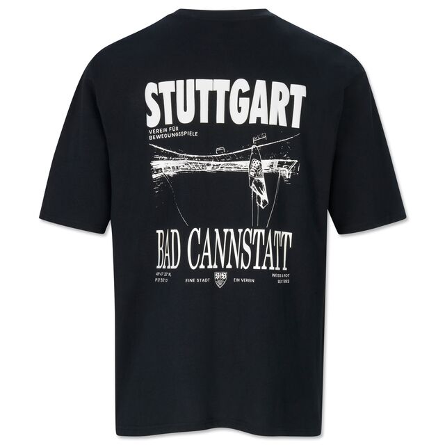 schwarze Rückseite des T-Shirts mit Stuttgart und Bad Cannstatt Schriftzug und Bild des Stadions 
