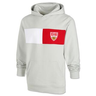 grauer Hoodie mit weiß-rotem Brustring und VfB Wappen auf der Brust