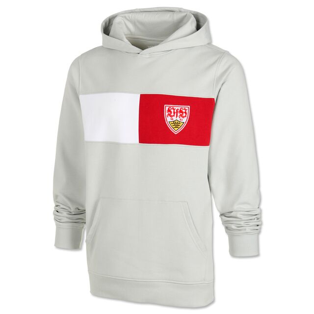 grauer Hoodie mit weiß-rotem Brustring und VfB Wappen auf der Brust