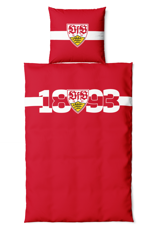 rote Bettwäsche mit weißem Brustring, VfB Wappen und der Aufschrift 1893