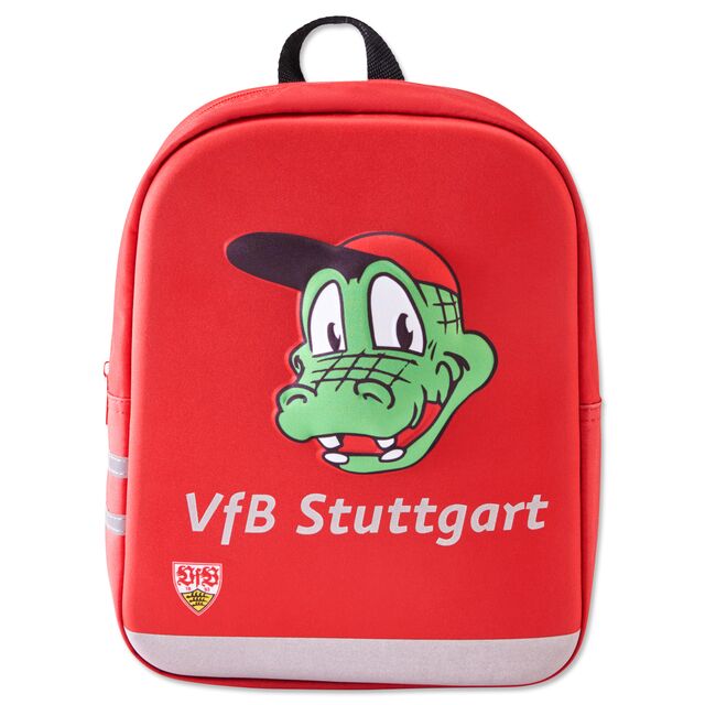 roter Rucksack mit dem Gesicht von Fritzle, VfB Wappen und Aufschrift VfB Stuttgart auf der Vorderseite