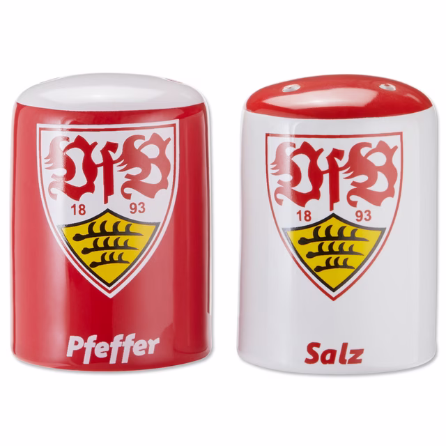 weiß-rote Salz- und Pfefferstreuer mit VfB Wappen 