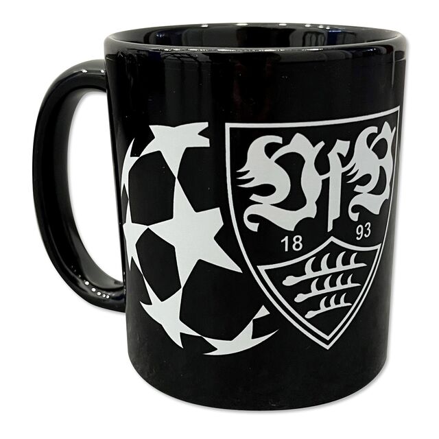 Ball des Champions League Logos und VfB Wappen auf der schwarzen VfB CL Tasse Monument