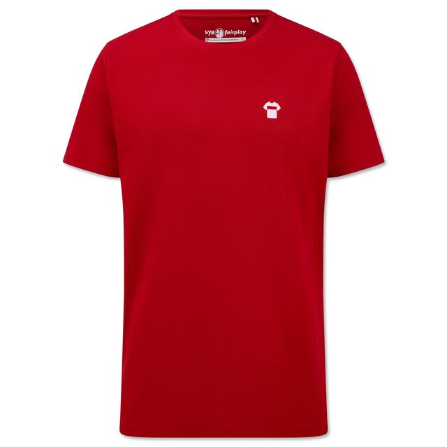 rotes T-Shirt mit kleiner Grafik des weißen VfB Heimtrikots auf der Brust