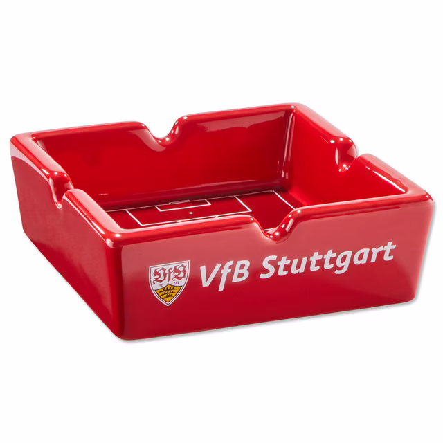 roter Aschenbecher mit aufgemaltem Spielfeld, der Aufschrift VfB Stuttgart und VfB Wappen