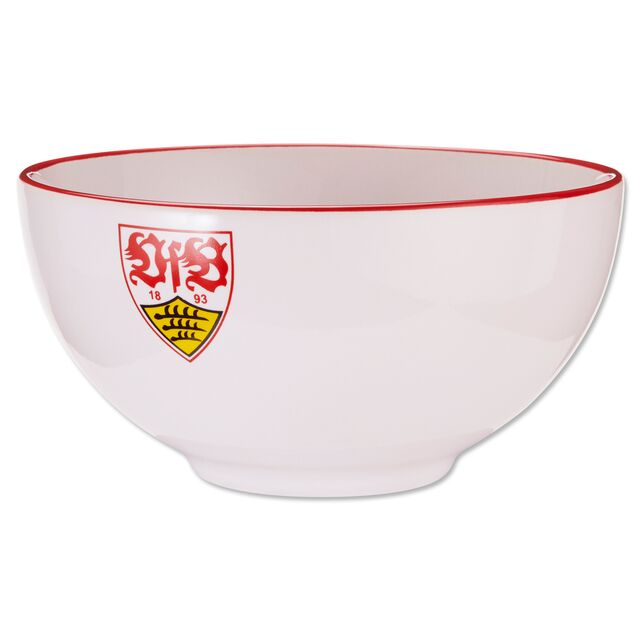 weiße Müslischale mit rotem Rand und VfB Wappen 