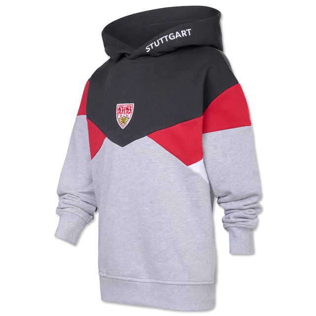 Hoodie in Grau, Rot und Schwarz mit VfB Wappen und kleiner Aufschrift VfB Stuttgart am der Kapuze