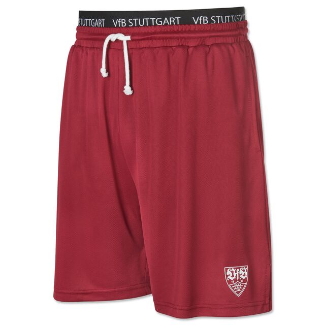 rote Shorts mit weißem VfB Wappen, schwarzem Band oben mit der Aufschrift VfB Stuttgart
