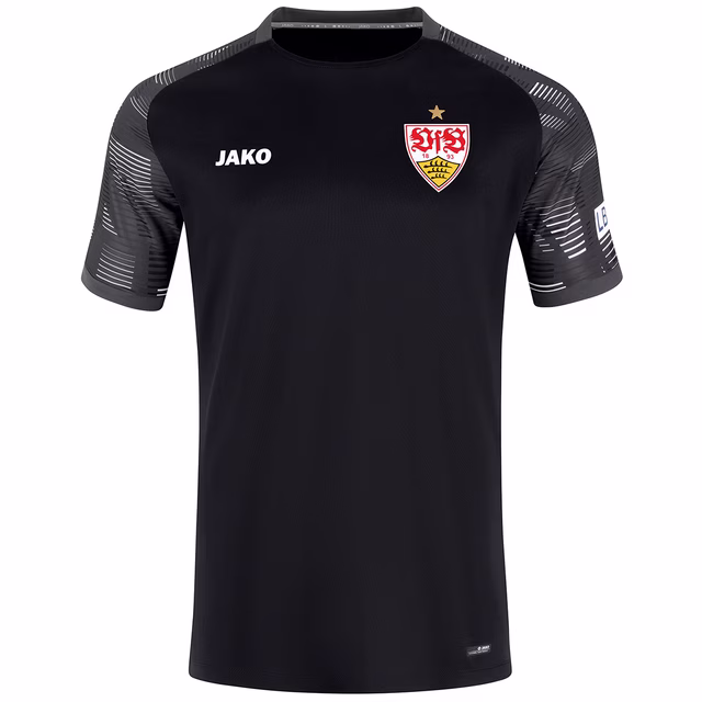 schwarzes Trainingsshirt mit grauen Ärmeln, VfB Wappen und JAKO Logo auf der Brust