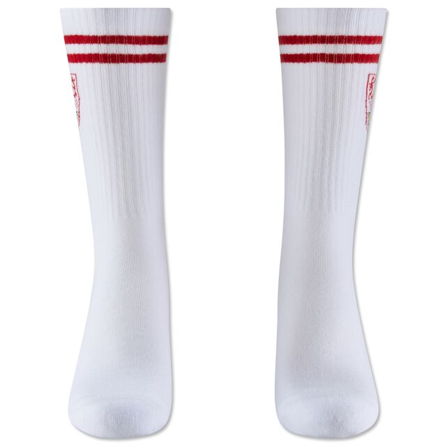 Rückseite der weißen Socken mit rotem Doppelstreifen und VfB Wappen