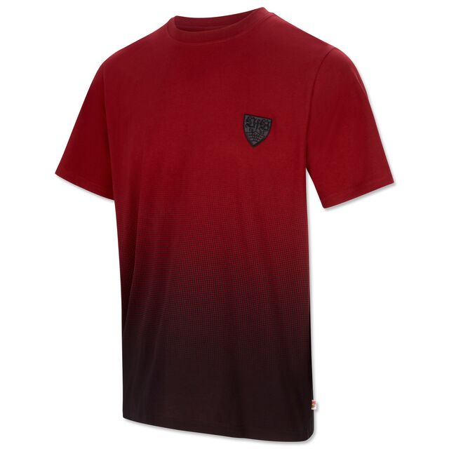 T-Shirt mit rot-schwarzem Farbverlauf und VfB Wappen auf der Brust
