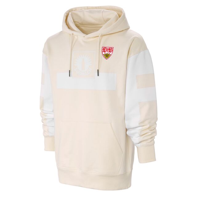 cremefarbener Hoodie mit weißen Elementen, VfB Wappen und Südmilch Logo auf der Vorderseite