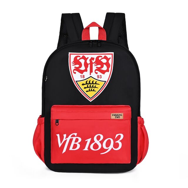 Schwarzer Rucksack mit großem VfB Wappen und roten Taschen mit Schriftzug VfB 1893 