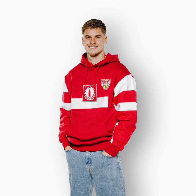 Ramon Hendriks trägt den VfB Hoodie Südmilch rot 