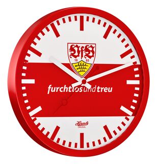 rot-weiße Hermle Wanduhr mit VfB Wappen und der Aufschrift furchtlos und treu