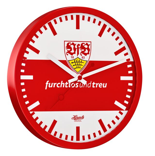 rot-weiße Hermle Wanduhr mit VfB Wappen und der Aufschrift furchtlos und treu