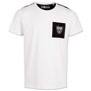 weißes T-Shirt mit weißem VfB Wappen auf schwarzem Hintergrund auf der Brust