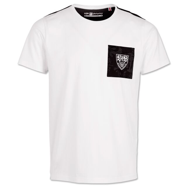 weißes T-Shirt mit weißem VfB Wappen auf schwarzem Hintergrund auf der Brust