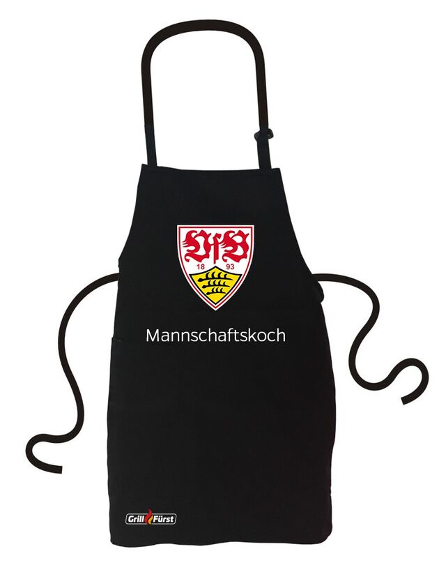 Schwarze Schürze mit großem VfB Wappen und Schriftzug Mannschaftskoch 