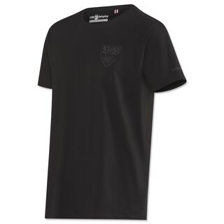 schwarzes T-Shirt mit schwarzem VfB Wappen auf der Brust