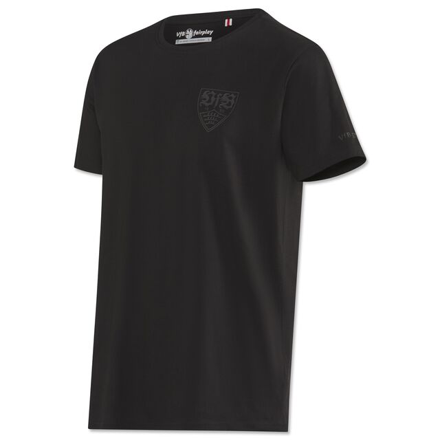 schwarzes T-Shirt mit schwarzem VfB Wappen auf der Brust